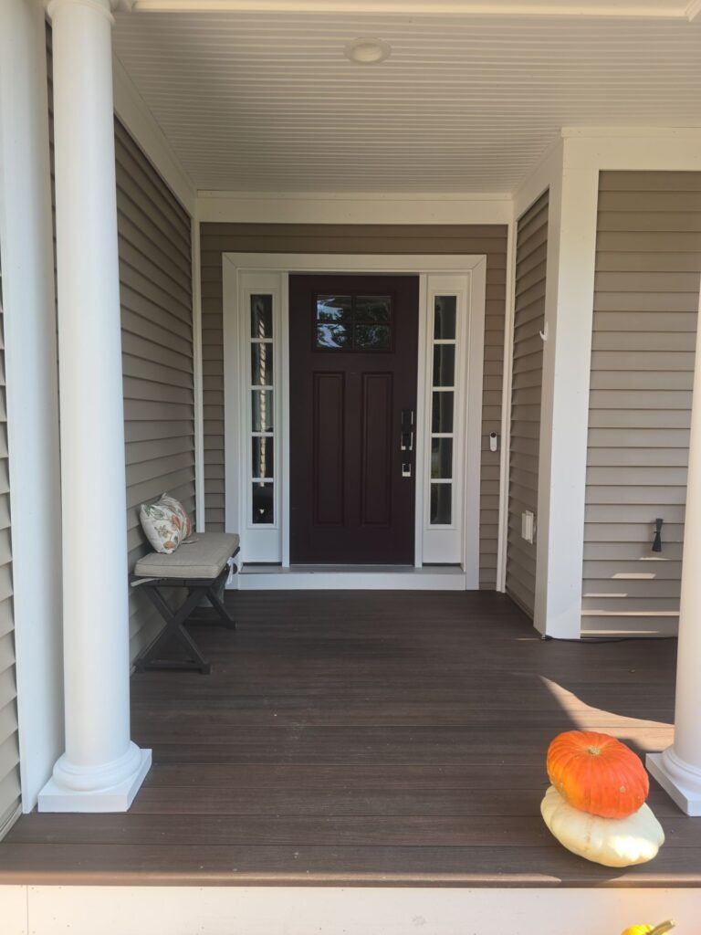 Dark Painted Entry Door With Sidelights Entry door and porch before exterior painting work