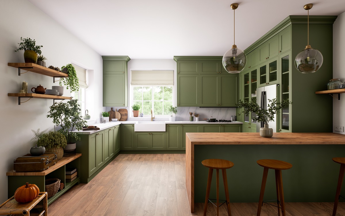 Modern green kitchen with natural elements, large space and stylish design