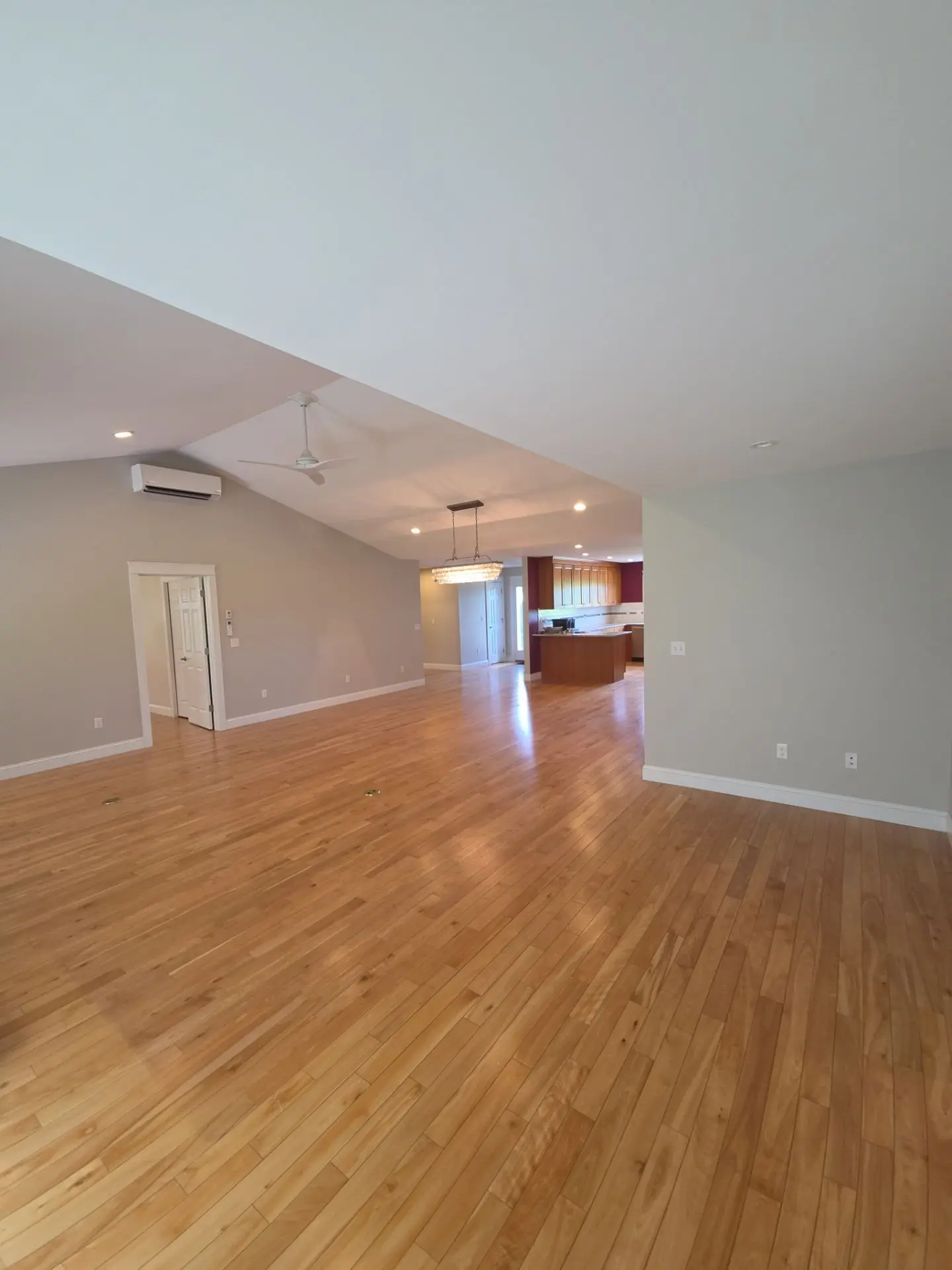 Freshly Painted Open Concept Living Area A newly painted open concept living room and kitchen with light gray walls and hardwood floors.